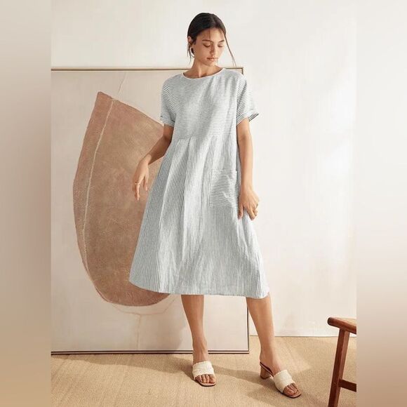 Lintico Morgan 100% Linen Striped Short Sleeve Midi Dress Boho Lagenlook Size S - Picture 13 of 16